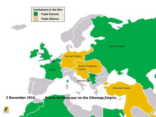 Kesultanan Ottoman memulai aksi militer setelah tiga bulan netralitas formal, tetapi telah menandatangani aliansi rahasia dengan Kekuatan Sentral pada bulan Agustus 1914