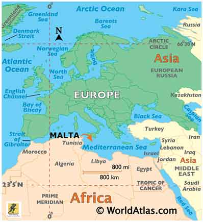 Malta secara resmi adalah Republik , sebuah negara kepulauan di Laut Tengah. Terdiri dari sebuah kepulauan, antara Sisilia dan Afrika Utara, dan sering dianggap sebagai bagian dari Eropa Selatan. Terletak 80 km (50 mi) di selatan Sisilia (Italia), 284 km (176 mi) di timur Tunisia, dan 333 km (207 mi) di utara Libya. Bahasa resminya adalah bahasa Malta dan Inggris, dan 66% populasi Malta saat ini setidaknya fasih berbicara dalam bahasa Italia.