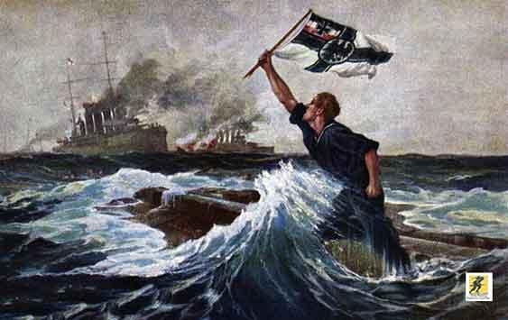 Kartu pos Jerman yang menunjukkan 'orang terakhir' yang akan turun di lambung SMS Nürnberg yang terbalik, tenggelam dalam Pertempuran Kepulauan Falkland pada 8 Desember 1914 dalam Perang Dunia Pertama.