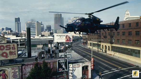 Desainer Mickey Michaels menciptakan helikopter yang digunakan dalam film setelah meninjau dan menolak berbagai desain yang ada. Helikopter yang digunakan untuk Blue Thunder adalah Aérospatiale SA-341G Gazelles buatan Prancis yang dimodifikasi dengan bagian baut dan kanopi bergaya Apache. Dua helikopter Gazelle yang dimodifikasi, helikopter Hughes 500, dan dua model pesawat tempur F-16 yang dikendalikan radio digunakan dalam pembuatan film.