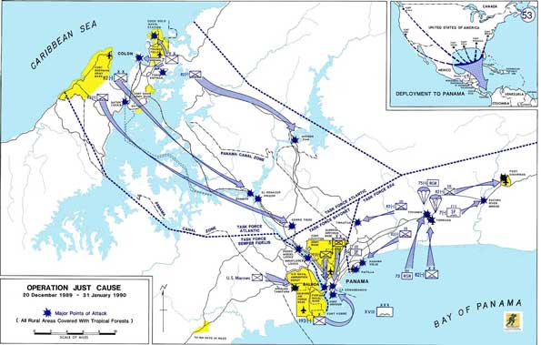 Alasan resmi AS untuk invasi itu diartikulasikan oleh Presiden George H. W. Bush pada pagi hari tanggal 20 Desember 1989, beberapa jam setelah dimulainya operasi. Bush mengutip deklarasi Panama tentang keadaan perang dengan Amerika Serikat dan serangan terhadap pasukan AS sebagai pembenaran untuk invasi tersebut.