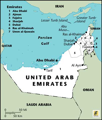 Uni Emirat Arab adalah monarki elektif yang dibentuk dari federasi tujuh emirat, yang terdiri dari Abu Dhabi (ibu kota), Ajman, Dubai, Fujairah, Ras Al Khaimah, Sharjah, dan Umm Al Quwain. Setiap emirat diperintah oleh seorang emir dan bersama-sama para emir membentuk Dewan Tertinggi Federal. Anggota Dewan Tertinggi Federal memilih presiden dan wakil presiden dari antara anggota mereka. Dalam praktiknya, emir Abu Dhabi menjabat sebagai presiden sementara penguasa Dubai adalah wakil presiden dan juga perdana menteri.