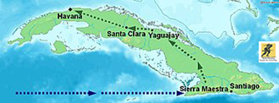 Peta Kuba yang menunjukkan lokasi kedatangan para pemberontak di Granma pada akhir tahun 1956, kubu pemberontak di Sierra Maestra, dan rute Guevara dan Cienfuegos menuju Havana melalui Provinsi Las Villas pada bulan Desember 1958.