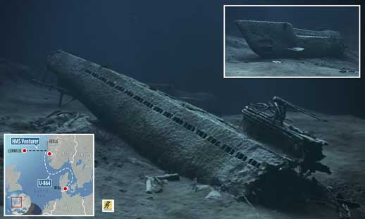 U- 864 , Bangkai kapal tersebut ditemukan pada bulan Maret 2003 oleh Angkatan Laut Norwegia dua mil laut (3,7 km; 2,3 mil) sebelah barat pulau Fedje di Laut Utara, pada ketinggian 150 m (490 kaki). Merkuri merembes keluar dari kontainer yang berkarat, sehingga mencemari wilayah tersebut dan kehidupan laut