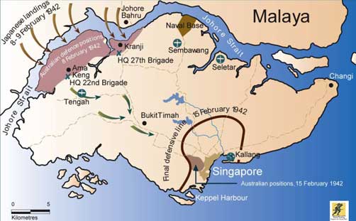 Daerah kekuasaan sekutu tanggal 15 Februari 1942 di Singapura yang terpojok