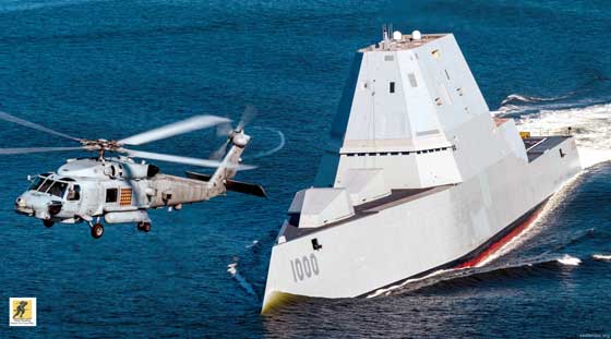 Zumwalt-class destroyer - Dua tempat tersedia di dek penerbangan yang besar dengan hanggar yang mampu menampung dua helikopter SH-60. Kapal ditangani di dalam hanggar kapal yang dipasang di buritan dengan ramp.