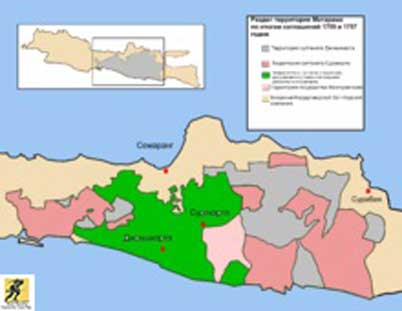 Pembagian wilayah Mataram Islam di perjanjian Giyanti: terlihat wilayah yang terkotak-kotak agar tidak mudah untuk mengkontrol dan bersatu