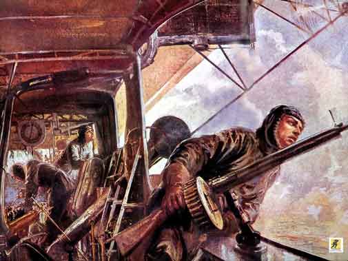 Balon udara zeppelin – Sekutu baru mulai mengeksploitasi kerentanan besar Zeppelin terhadap tembakan ketika kombinasi amunisi peledak Pomeroy dan Brock dengan amunisi pembakar Buckingham digunakan pada senapan mesin pesawat tempur pada tahun 1916