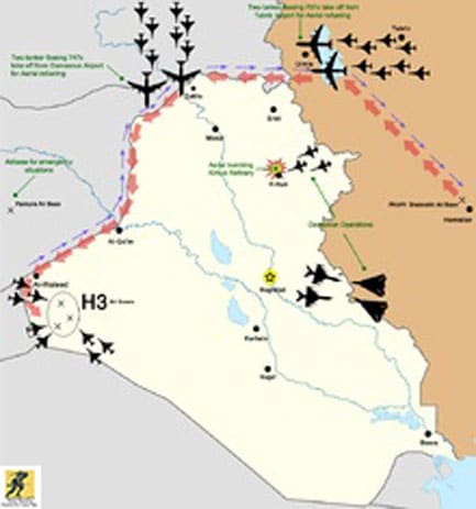 H-3 airstrike : Peta operasi, menunjukkan pesawat yang terlibat dan rutenya.