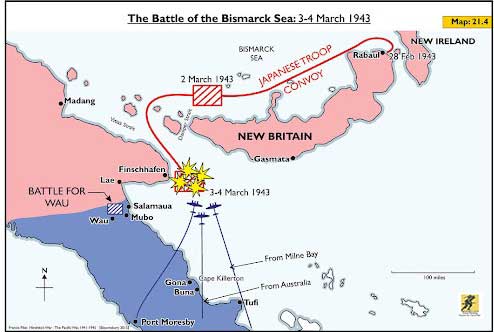 Pergerakan kapal Jepang dan serangan udara Sekutu selama pertempuran Battle of the Bismarck Sea
