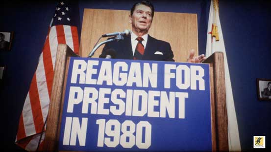 Ronald Wilson Reagan, seorang politikus anggota partai Republik, mantan gubernur California dan aktor Amerika Serikat yang menjabat sebagai presiden Amerika Serikat ke-40 dari tahun 1981 hingga 1989.