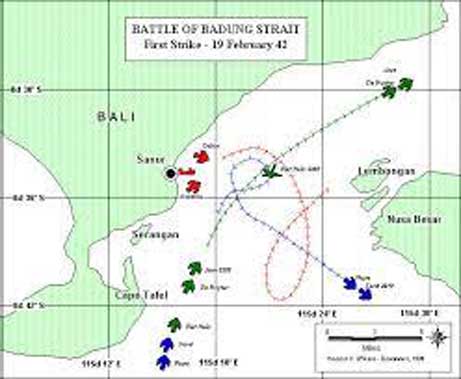 Peta serangan pertama Pertempuran Selat Badung, 19 Februari 1942.