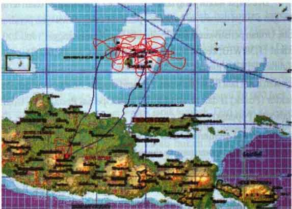 A map showing the flight path of (what i assume) F-16. This is during the 2003 Bawean Incident Source: Marshal Wresniwiro (ret) via his book