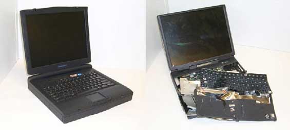 Sebuah laptop yang dihancurkan oleh kru EP-3E Aries.