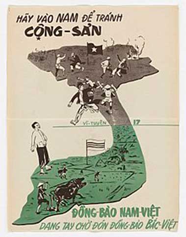 Poster propaganda yang mendorong orang Utara untuk pindah ke Selatan-judulnya: "Pergilah ke Selatan untuk menghindari Komunisme". Keterangan bawah: "Rekan-rekan sebangsa dari Selatan menyambut saudara-saudara dari Utara dengan tangan terbuka."
