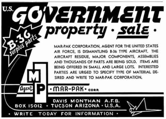 klan oleh Mar-Pak Corporation untuk penjualan suku cadang surplus B-36 di fasilitas Davis-Monthan di Tucson