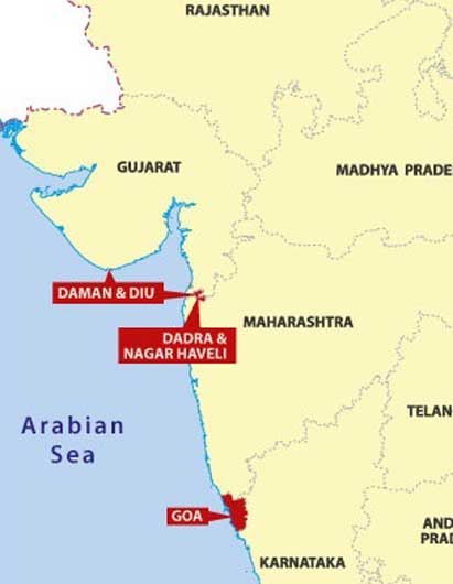 Lokasi Wilayah Persatuan Daman dan Diu dan negara bagian Goa di India saat ini