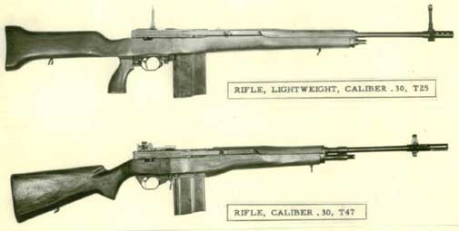 Senapan eksperimental T25 (atas) dan versi yang lebih baru, senapan T47 (bawah)