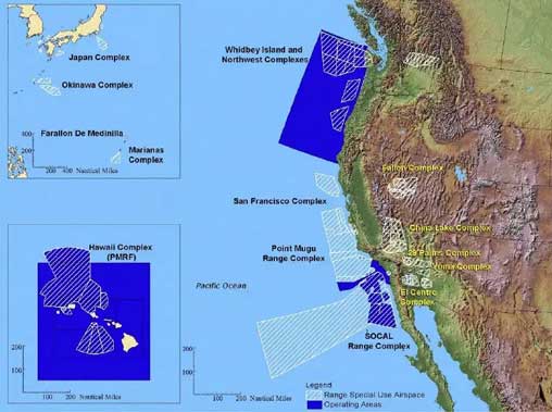 Peta yang menunjukkan rentang pelatihan lepas pantai militer AS di sepanjang Pantai Barat Amerika Serikat, serta di tempat lain di Pasifik.