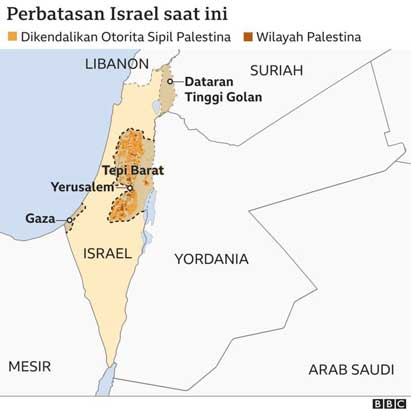 Wilayah saat ini dengan JalurGaza yang merdeka penuh dan Tepi Barat yang terus-menerus dicaplok Israel lewat pendirian perumahan ilegal