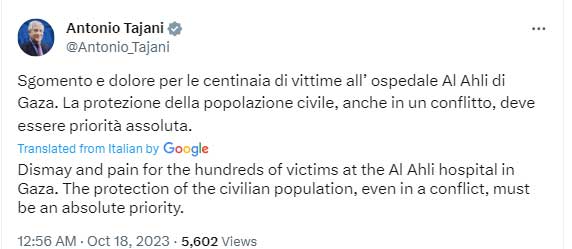 Menlu Italia Antonio Tajani: Kesedihan dan kepedihan bagi ratusan korban di rumah sakit Al Ahli di Gaza. Perlindungan terhadap penduduk sipil, bahkan dalam sebuah konflik, harus menjadi prioritas utama.