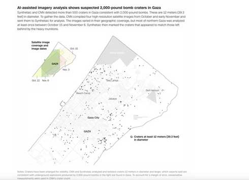 ‘Tidak terlihat sejak Vietnam’: Israel menjatuhkan ratusan bom seberat 2.000 pon di Gaza. Israel menjatuhkan ratusan bom besar, banyak di antaranya mampu membunuh atau melukai orang pada jarak lebih dari 1.000 kaki, menurut analisis CNN dan perusahaan kecerdasan buatan Synthetaic. Citra satelit dari masa-masa awal perang menunjukkan lebih dari 500 kawah tumbukan dengan diameter lebih dari 12 meter (40 kaki), konsisten dengan kawah yang ditinggalkan oleh bom seberat 2.000 pon. Bom tersebut empat kali lebih berat dibandingkan bom terbesar yang dijatuhkan Amerika Serikat terhadap ISIS di Mosul, Irak, saat berperang melawan kelompok ekstremis di sana.
