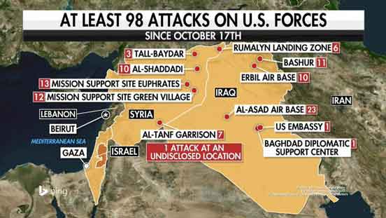Pasukan AS di Irak dan Suriah telah menjadi sasaran sebanyak 115 kali sejak 17 Oktober, sebagian besar dilakukan oleh kelompok yang berafiliasi dengan Perlawanan Islam di Irak. (Peta tidak menunjukkan serangan terbaru.)