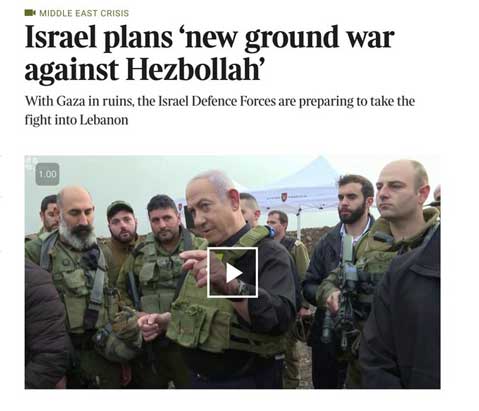 Israel merencanakan perang darat baru melawan Hizbullah, The Times melaporkan. Militer Israel telah menyusun rencana untuk menyerang Lebanon selatan, dengan risiko eskalasi lebih lanjut dalam perang di Timur Tengah dan menghadapi seruan untuk menahan diri dari sekutu baratnya. Pasukan Pertahanan Israel (IDF) menyatakan ingin mengusir pasukan Hizbullah di selatan Lebanon ke utara