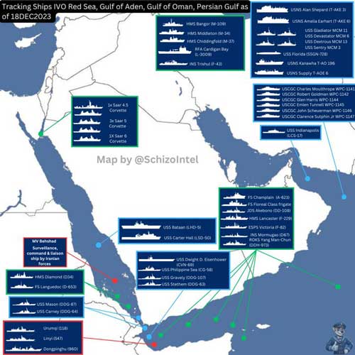 Peta kapal perang yang beroperasi di Laut Merah, Teluk Oman, Teluk Aden, Teluk Persia, Laut Arab.