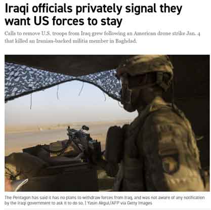 Para pejabat Irak secara pribadi mengisyaratkan bahwa mereka ingin pasukan AS tetap tinggal, Politico melaporkan. Perdana Menteri Irak secara pribadi mengatakan kepada para pejabat Amerika bahwa ia ingin bernegosiasi untuk mempertahankan pasukan AS di negara itu meskipun baru-baru ini ia mengumumkan bahwa ia akan memulai proses pemindahan pasukan AS dari negara itu.