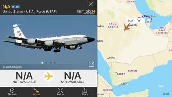 USAF RC-135W Rivet Joint (SIGINT Platform) menuju Yaman dari Pangkalan Udara Al Udeid di Qatar.