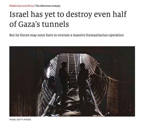 Israel belum menghancurkan bahkan setengah dari terowongan Gaza Pada awal konflik, Israel memperkirakan bahwa itu membentang hingga ratusan kilometer. Hari ini pejabat keamanan mengakui bahwa ini mungkin meremehkan, The Economist melaporkan.
