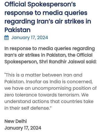 India secara resmi membela serangan Iran di dalam wilayah Pakistan. "Kami memahami tindakan yang diambil oleh negara-negara untuk mempertahankan diri."