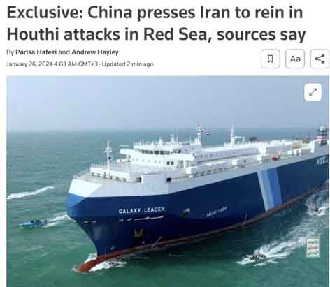 Para pejabat Tiongkok telah meminta rekan-rekan mereka di Iran untuk membantu mengendalikan serangan terhadap kapal-kapal di Laut Merah yang dilakukan oleh kelompok Houthi yang didukung Iran, atau berisiko merusak hubungan bisnis dengan Beijing, menurut laporan Reuters.