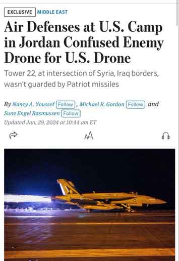AS gagal menghentikan serangan di pos militer di Yordania ketika pertahanan udara dibingungkan drone musuh dengan drone A.S., WSJ melaporkan. Kamikaze UAV diluncurkan dari wilayah Irak yang mendekati pangkalan Tower 22 pada waktu yang sama drone A.S. akan kembali, kata para pejabat.