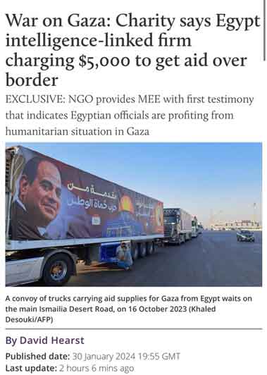 Organisasi Bantuan Melaporkan Perusahaan Terkait Intelijen Mesir Menagih $5.000 untuk Memfasilitasi Bantuan Melintasi Perbatasan ke Gaza