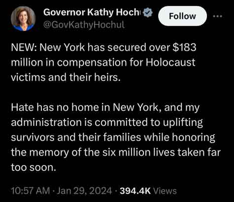 Gubernur NY Kathy Hochul mengumumkan kompensasi sebesar $183 juta kepada keturunan Yahudi yang menjadi korban Holocaust. Perang Dunia II sudah lama berakhir. Tapi mengapa mengambil lebih banyak uang dari pembayar pajak.