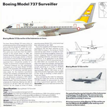 Skadron 5 yang berpangkalan di Lanud Hasanuddin, Ujung Pandang, menerima tiga Boeing B737-200 2X9 Surveiller untuk menggantikan Grumman UF-1 Albatioss. Pesawat berjulukan Camar Emas ini diberi registrasi AI-7301, AI-7302 dan AI-7303. Pengiriman pesawat yang dipesan April 1981 ini dilakukan secara maraton mulai dari 20 Mei 1982, 30 Juni 1983, dan 3 Oktober 1983. Dengan kekuatan tiga pesawat, berarti tiap pesawat harus melakukan pengintaian sepertiga wilayah Indonesia.