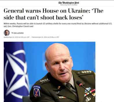 Dalam beberapa minggu, jumlah artileri Rusia akan melebihi Ukraina dengan rasio 10:1, prediksi komandan NATO di Eropa Christopher Cavoli. “Pihak yang tidak bisa membalas akan kalah. Ukraina akan segera kehabisan peluru dan sistem pertahanan udara.”