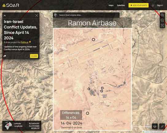 Citra satelit Pangkalan Udara Ramon Israel diserang oleh rudal balistik Iran pada 14 April. Objek yang terkena dampak adalah dua hanggar untuk perbaikan peralatan darat, stasiun pemeliharaan pesawat angkut, pusat rekreasi perwira dan, mungkin, menara jaga.