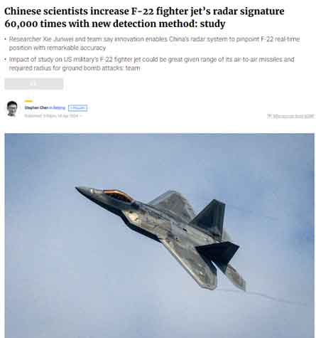 Ilmuwan Tiongkok meningkatkan deteksi radar jet tempur F-22 sebanyak 60.000 kali lipat dengan metode deteksi baru, lapor SCMP, mengutip penelitian. Para peneliti dari angkatan udara Tiongkok mengatakan mereka telah mengembangkan teknologi radar yang bertujuan untuk mendeteksi F-22 dan pesawat siluman lainnya dengan lebih baik.