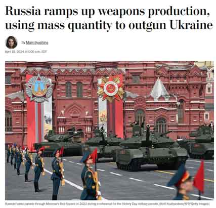 Rusia sedang meningkatkan produksi senjata, menambah persediaan senjata standar dan amunisi, dan akan mampu mempertahankan serangannya di Ukraina selama dua tahun ke depan, WaPo melaporkan.