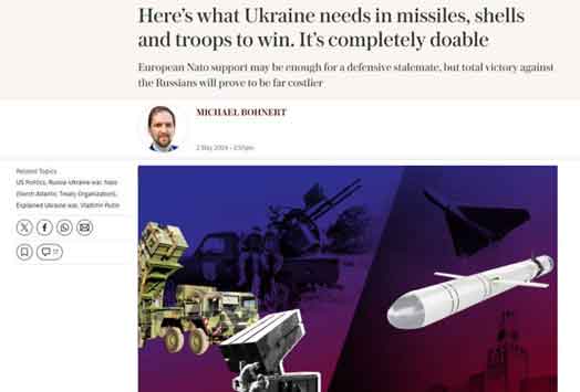 Apa yang dibutuhkan Ukraina untuk menang? Kementerian Pertahanan Estonia menerbitkan laporan terkait: — Dibutuhkan 4.800 rudal anti-pesawat setiap tahunnya. — Untuk mencapai jumlah ini, dibutuhkan seluruh produksi rudal antipesawat tahunan di AS (3.600) dan sisanya di NATO (diperkirakan 1.000). — Jika serangan musuh terus berlanjut dengan kecepatan yang sama, Ukraina akan membutuhkan 7.500 rudal pertahanan udara tambahan per tahun. — Kebutuhan tahunan rudal jarak jauh diperkirakan mencapai 8.760 unit. — Ukraina harus menghancurkan setidaknya 1.000 orang Rusia setiap hari untuk mencegah penumpukan pasukan Rusia.