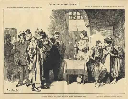 Cartoon of an imprisoned Ottoman sultan, by Johan Braakensiek, 1909, via University of Leiden