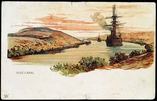 Postcard depicting a sailing ship going through the Suez Canal, early 20th century, via Museum Wales