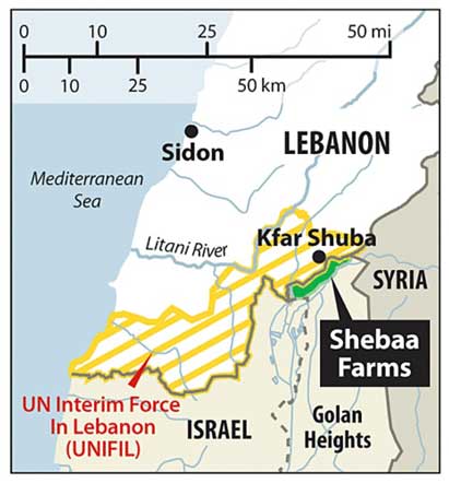 Shebaa Farms, wilayah tanah di sepanjang perbatasan Lebanon dan Dataran Tinggi Golan (wilayah yang diakui oleh sebagian besar masyarakat internasional sebagai bagian dari Suriah tetapi diduduki oleh Israel sejak Perang Enam Hari [1967]) yang diklaim oleh Lebanon, diakui secara internasional sebagai bagian dari Suriah, dan diduduki oleh Israel.