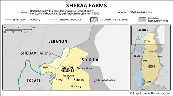 Shebaa Farms, Meskipun kecil—panjangnya sekitar 5,5 mil (9 km) dan lebarnya 1,5 mil (2,5 km)—wilayah tersebut telah menjadi titik api ketegangan antara Lebanon dan Israel sejak tahun 2000, ketika pasukan Israel menarik diri dari Lebanon selatan (dan tidak menyerahkan kendali atas Shebaa Farms ke Lebanon).