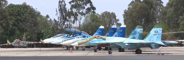 Ethiopian Air Force Su-27 and Su-27UB ( NATO reporting name: Flanker A / C) fighter jets December 2022