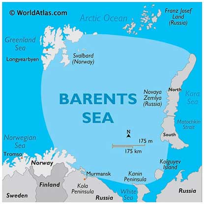 Laut Barents, bagian terluar dari Samudra Arktik yang panjangnya 800 mil (1.300 km) dan lebarnya 650 mil (1.050 km) dan meliputi area seluas 542.000 mil persegi (1.405.000 km persegi). Kedalaman rata-ratanya adalah 750 kaki (229 meter), dengan kedalaman maksimum 2.000 kaki (600 meter) di Palung Pulau Beruang.