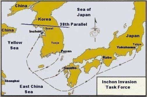 Pemangkasan pertahanan pasca-PD II melemahkan angkatan bersenjata AS, tetapi respons AS terhadap invasi melintasi garis paralel ke-38 yang memisahkan Korea Utara dan Korea Selatan didukung oleh sekutu PBB. Meskipun upaya Angkatan Darat Kedelapan AS dan pasukan Republik Korea (ROK) di Korea Selatan bagian tengah melambat tetapi tidak dapat menghentikan pasukan penyerang, perimeter pertahanan tetap bertahan di sekitar pelabuhan Pusan.